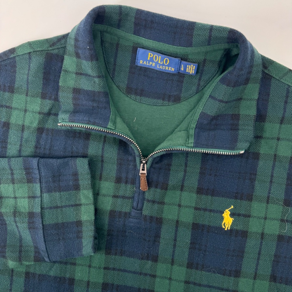 Polo Ralph Lauren Quarter Zip Mens Large Green Black Watch Plaid Cotton Pullover